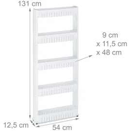 Relaxdays Nischenwagen, 5 Ablagen, schmales Nischenregal für Bad & Küche, HBT 131x12,5x54 cm, Rollregal Kunststoff, weiß