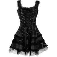 Minetom Damen Gothic Kleid Kariertes Schnüren Minikleid Strap Kleid Street Punk Cosplay Kleid Steampunk Vintage Rockabilly Kleid Schwarz XS - XS