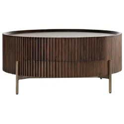 Casa Padrino Luxus Couchtisch Dunkelbraun Ø 90 x H. 40 cm - Runder Wohnzimmertisch mit Schublade - Wohnzimmer Möbel - Massivholz Möbel - Luxus Möbel - Luxus Einrichtung