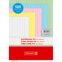 BRUNNEN 102260195 Karteikarten A6 liniert, 6 mm Zeilenabstand, rote Kopflinie, graue Querlinien weiß, gelb, rot, blau, grün