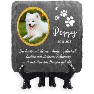 AIGAT Personalisierbares quadratisches Gedenktafel 10 x 10 cm mit Name, Datum, Foto und Ständer für Haustier Katze Hund Schieferstein Pfote Grabmarker - Gold Rahmen Foto