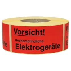 Warn- und Hinweisetiketten 145x70mm, aus Papier rot, mit Aufdruck "Vorsicht! Hochempfindliche Elektroge."