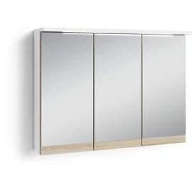 byLIVING Spiegelschrank Marino / 3-türiger Spiegel Hängeschrank weiß/Absetzung Eiche-Optik hell-braun/LED-Beleuchtung u. Steckdose/Badspiegel/Wandschrank mit Spiegeltüren/B 80, H 60, T 20 cm