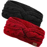 Stirnband Damen Winter - 2 Stück Mädchen Ohrenwärmer Gefüttert mit Fleece, Strick Haarband Elastische Haarbänder Verdicken Kopfband für Damen/Frauen/Mädchen (Schwarz+Rot)