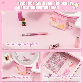 Costway Schminktisch-Set für Kinder, 2-in-1 Kinder Schreibtisch aus Holz mit Hocker