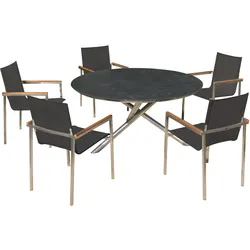 OUTFLEXX Garten-Essgruppe, silber/schwarz, Edelstahl/Glaskeramik/Textilene/Teak, Tisch Ø150cm, 5 Sessel