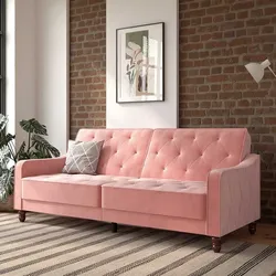 Zweisitzer Schlafsofa rosa aus Samt Rücken Klappmechanik