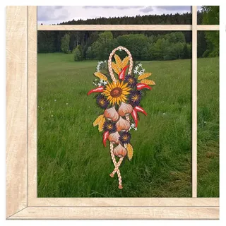 atelier alles-Spitze Zeitloses großes farbiges Küchen-Fensterbild Zwiebelzopf | Charmanter wiederverwendbarer Fensterschmuck aus Vogtländischer Luftspitze | BxH: 19 x 43 cm