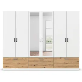 Rauch Möbel BARI Drehtürenschrank 6-türig, Kleiderschrank Weiß/Eiche artisan), 3 Schubladen, mit Spiegel, 271x210x54cm