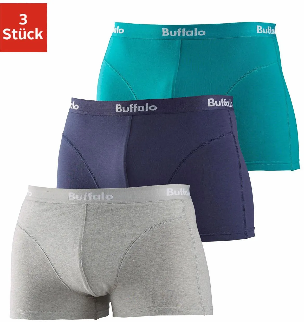 Boxer BUFFALO, Herren, Gr. 8 (XXL), blau (navy, türkis, grau, meliert), Jersey, Obermaterial: 95% Baumwolle, 5% Elasthan, Unterhosen, mit Overlock-Nähten vorn