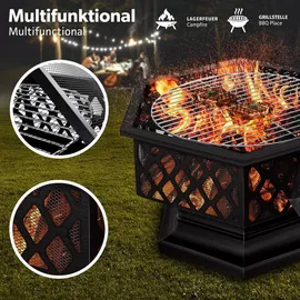 tillvex Feuerschale mit Funkenschutz & Grillrost Feuerstelle Outdoor für den Garten 4 in 1 BBQ Grill mit Abdeckung, Schürhaken, Zange | Kohlerost |