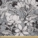 ABAKUHAUS Blumen Stoff als Meterware, Frangipani Mimosa Lotus, Microfaser Stoff für Dekoratives Basteln, 1M (230x100cm), Hellgrau Weiß Schwarz