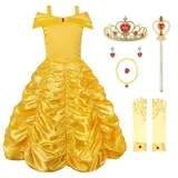 JerrisApparel Mädchen Belle Kostüm Prinzessin Kleid Drop Shoulder Cosplay Kostüm (6-7 Jahren, Gelb mit Zubehör) - 6-7 Jahre