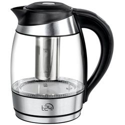 T24 Wasser-/Teekocher Glas Wasserkocher mit Teesieb 1,8L Temperaturwahl 60-100°, 2200 W schwarz|silberfarben