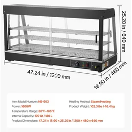 Vevor 3-stöckige Wärmetheke 180 L, Warmhaltevitrine 1600 W, Warmhaltetheke 30–85 °C, Speisenwärmer mit LED-Beleuchtung & Verstellbaren Ablagen, Speisevitrine für Hamburger Pizza Brot Brathähnchen