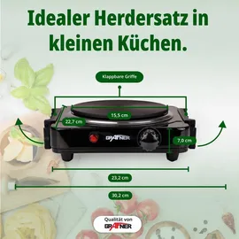 Grafner Kochplatte mit klappbaren Griffen, 1000 Watt, 1 Massekochfeld mit 1x Ø 155 mm, stufenlose Temperatureinstellung, Farbe nach Wun...