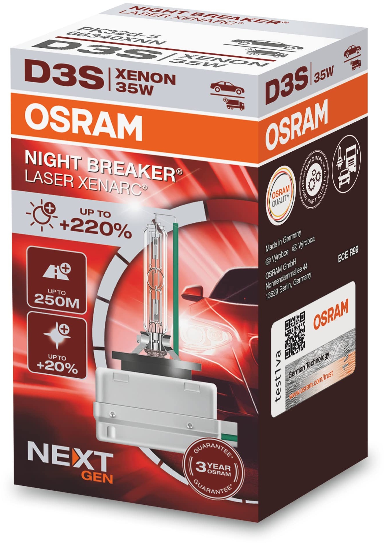 OSRAM XENARC NIGHT BREAKER LASER D3S Next Generation, +220 % mehr Helligkeit, HID Xenon-Scheinwerferlampe, 66340XNN, Faltschachtel (1 Lampe)