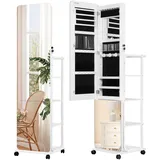 Hzuaneri 360° Schmuckschrank, Breiter Und Höherer Rahmenloser Ganzkörperspiegel, Abschließbarer Stehender Schmuckorganisator, 6 LED-Leuchten Eingebauter Schminkspiegel, Weiß JC16903B