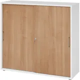 bümö Schiebetürenschrank 3OH - Aktenschrank abschließbar, Sideboard Schrank mit Schiebetüren in Weiß/Nussbaum, Bügelgriff - Büroschrank aus Holz mit