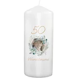 PhotoFancy® - Personalisierte Geburtstagskerze - Fotokerze mit eigenem Foto/Text bedrucken lassen - Kerze mit Geburtstags-Design: Kranz - 19 cm Höhe