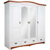 Schiebetürenschrank OTTO HOME "Konrad, Landhausstil, rustikal, mit Schubladen + Spiegel, Kassetten", weiß (weiß, kirschbaumfarben gewachst), B:202cm H:207cm T:64cm, Glas, Massivholz, Schränke, Schiebetürenschrank, massive Kiefer, FSC-zertifiziert, Messinggriffe, mehrere Varianten