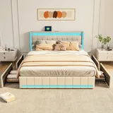 DULRLLY Bett 160x200 mit Stauraum Schubladen, Doppelbett 160x200, Polsterbett mit LED Kopfteil und USB-Ladefunktion,Stauraumbet Jugendbett Bettgestell mit Lattenrost Leinen, Ohne Matratze (Beige)