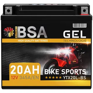 BSA YTX20L-BS GEL Motorradbatterie 12V 20Ah 345A/EN Batterie doppelte Lebensdauer entspricht 51821 GTX20L-BS CTX20L-BS vorgeladen auslaufsicher wartungsfrei