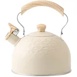 ISAKEN Wasserkessel 2.5L Modern Teekessel Flötenkessel Pfeifkessel Wasserkocher Edelstahl Gasherd Induktion Camping Pfeift Teekanne Herdplatte mit Holzmasergriff Für Gasherd und Elektroherd