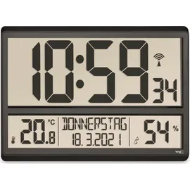 TFA Digital Funk-Wanduhr mit Hygrometer ohne Batterie schwarz