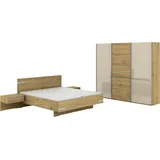 Schlafzimmer-Set MUSTERRING "Savona, Kleiderschrank, Bett & Nachtkommoden, teilmassiv Bianco-Eiche", braun, Schrank 250cm Breit / 217cm Hoch + ohne Matratze, B/H: 180cm x 200cm, Schrank 250cm Breit / 217cm Hoch, Floatglas, Hartfaserplatte, Holz teilmassiv, Holzwerkstoff, Massivholz, Spanplatte, Schlafzimmermöbel-Sets, Eiche- und Glastüren, Konsolen und Kopfteil Eiche-Bianco, Höhe 217cm