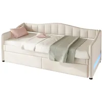 REDOM Schlafsofa Tagesbett Daybett Kinderbett, mit ausziehbarem Polsterbett und modernem Ambiente-Licht-Design, ohne Matratze beige