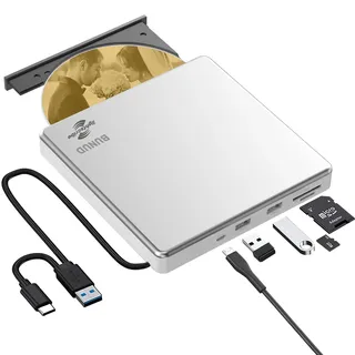 BUNUD Lightscribe CD/DVD Laufwerk für Mac: USB 3.0 Type C Externer DVD Brenner DVD-Laufwerk Extern mit SD/TF & 2 USB - Externes Laufwerke für Laptop Windows 11/10 MacBook PC iMac