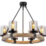 GLOBO Kronleuchter Esstisch Pendellampe schwarz Holz Schlafzimmerlampe Glas 6-flammig, Metall, 6x E27 Fassungen, DxH 59x98 cm
