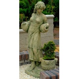 Casa Padrino Skulptur Jugendstil Wasserspeier Skulptur Frau mit Krügen und dekorativem Blumentopf Grün / Beige 63 x 61 x H. 140 cm - Gartendeko Statue Steinfigur