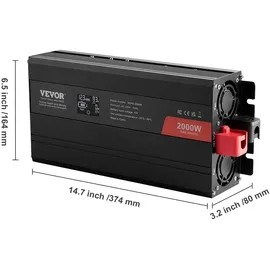 Vevor Wechselrichter mit reiner Sinuswelle 2000W DC 12V AC 230V Spannungswandler mit 2 AC-Steckdosen 2 USB-Anschlüssen 1 Typ-C-Anschluss LCD-Display und Fernbedienung für mittelgroße Haushaltsgeräte