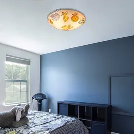 GLOBO Led Kinderleuchte dimmbar mit Fernbedienung Deckenlampe Glas Kinderzimmerlampe rund, Glas bunt mit Tiermotiven, Rgb Farbwechsel 2x 8,5w 2x 806lm warmweiß, Dxh 30x6,5 cm
