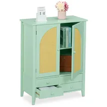 Relaxdays Sideboard, Rattan-Optik, 4 Schubladen, 2 Schrankfächer, HBT 90x70x34 cm, Wohnzimmer, Küche, Flur, türkis/natur