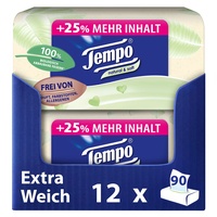 Tempo natural & soft Taschentücher Box - Megapack - 12 Boxen, 90 Tücher pro Box - natürliche, extra weiche Papiertaschentücher, waschmaschinenfest