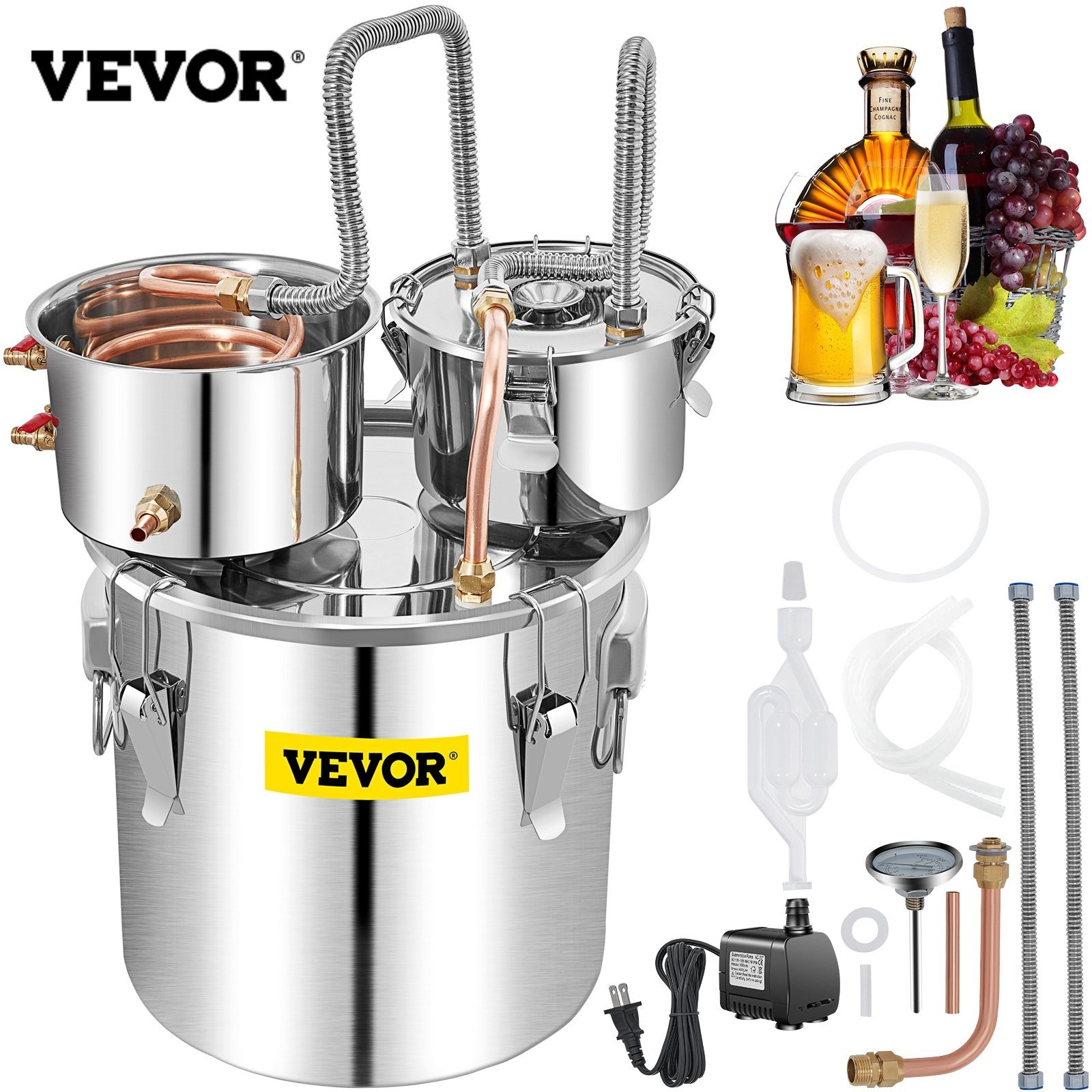 VEVOR Distillieranlage Moonshine, 50 L Wasser Alkohol Destillierer Moonshine mit doppelter Kondensatpumpe, Edelstahl Moonshine Alkohol  Destillieren Ausrüstung Schnapsbrennen Destille Destilator