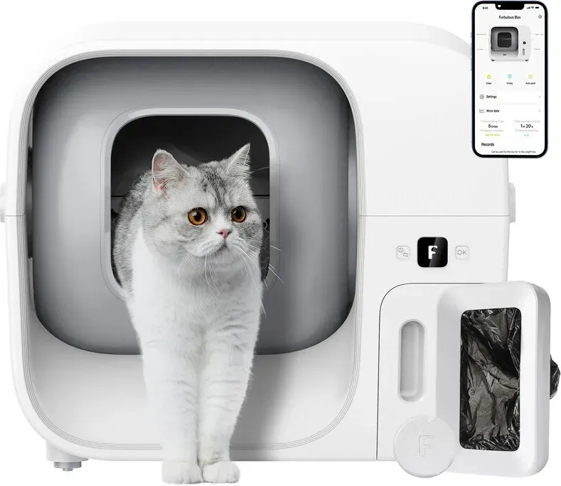 FURBULOUS [TÜV-Zertifiziert] Weltweit erste selbstreinigende Katzentoilette mit Auto-Pack & Seal: Null Geruch, Klemmschutz, automatisches Nachfüllen, Auslaufschutz. Großer Roboter mit App-Steuerung, ideal für Mehrkatzenhaushalte. Inkl. 60-Tage-Starter-Kit (1 Beutel & 3 Deosticks)