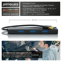 Primewire USB 3.2 Hub mit Netzteil, Ultra Slim 4-Port Verteiler, Datenhub für PC PS4 Notebook Netbook Laptop Ultrabook Tablet-PC MacBook, Bus-Powered