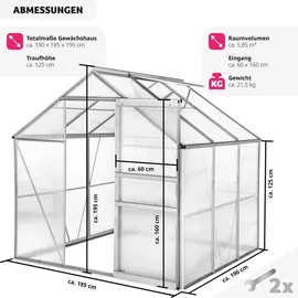 Tectake tectake® Gewächshaus, 5,85 m3, UV-beständig und wärmedämmend, 185 x 190 x 195 cm