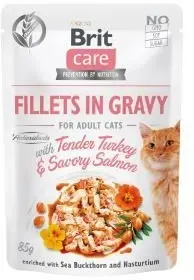 BRIT CARE Cat Pouches Fillets in Bratensoße mit zartem Putenfleisch & würzigem Lachs 85g