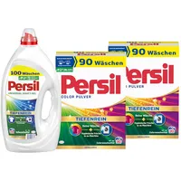 PERSIL-Set Kraft-Gel 1x 100 Waschladungen Universal & Pulver 2x 90 Waschladungen (180WL) Color, Voll- & Colorwaschmittel-Set für reine Wäsche und hygienische Frische für die Maschine