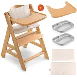 hauck Hochstuhl Set Alpha Plus Move inkl. Essbrett, Sitzkissen und 2x Babyteller Silikon - mitwachsender Holz Babystuhl/Kinderhochstuhl mit Rollen, Gurt und Tisch - Natur Beige