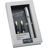 ONLINE USV-Systeme ONLINE 36645 Kalligrafie-Set Vision Silver, Füller mit 3 Kalligraphie-Federn Breite 0.8, 1.4,,1.8 mm, inklusive inklusive Calligraphy-Tintenpatronen, in edler Geschenk-Box, Schönschreib-Füller Silber