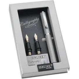 ONLINE USV-Systeme ONLINE 36645 Kalligrafie-Set Vision Silver, Füller mit 3 Kalligraphie-Federn Breite 0.8, 1.4,,1.8 mm, inklusive inklusive Calligraphy-Tintenpatronen, in edler Geschenk-Box, Schönschreib-Füller Silber