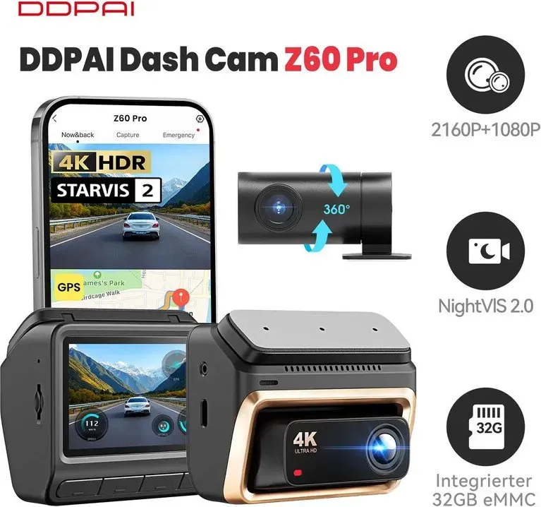 DDPAI Z60 Pro 4K Dashcam, 3 Zoll Auto-DVR, Front- und Rückkamera, STARVIS 2 IMX678, 60 fps, HDR, integriertes 32 GB eMMC, AI-ISP, Nachtsicht, 5 GHz WLAN, GPS, 24-Stunden-Parkmodus, 2-Kanal