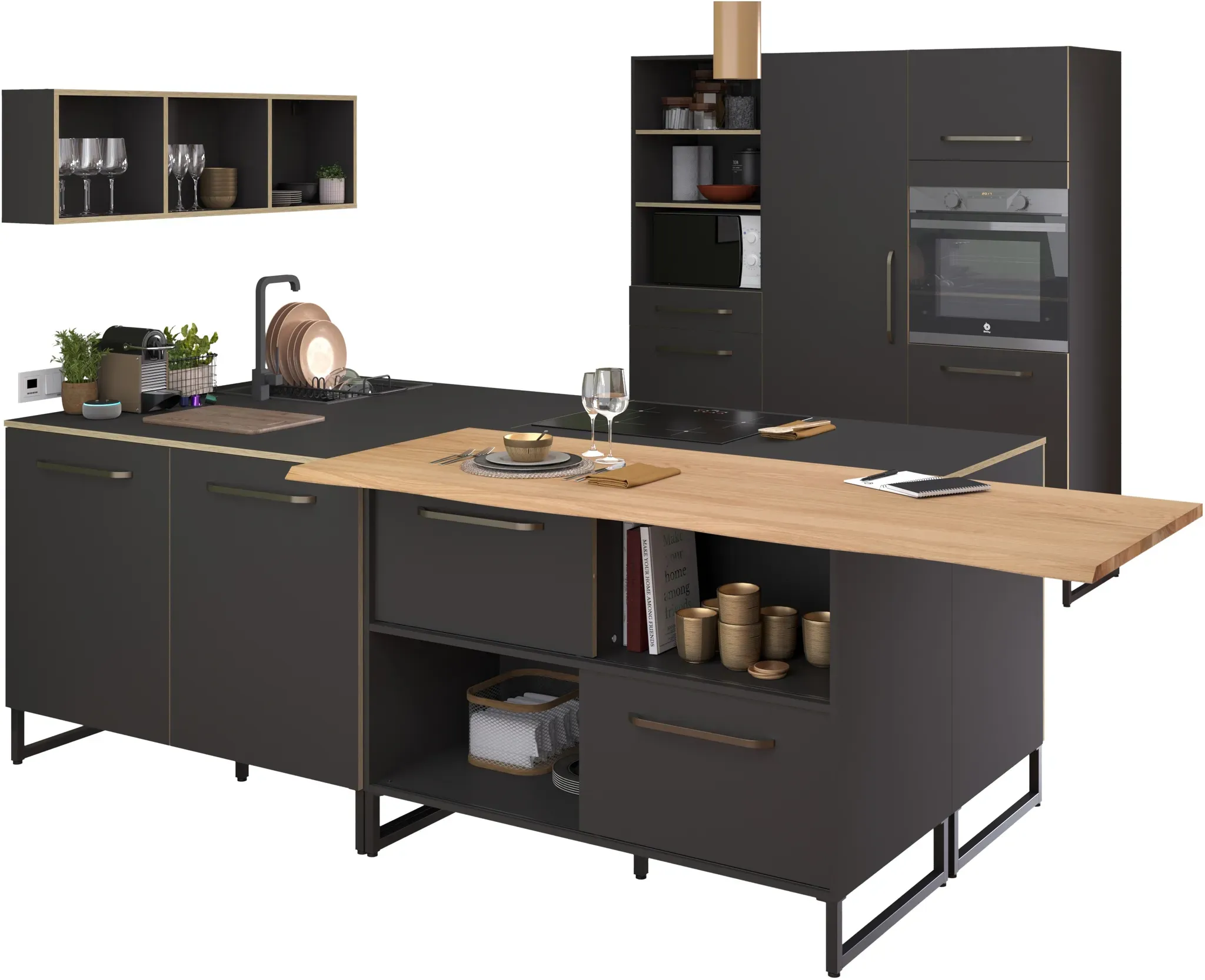 Schrank-Set PARISOT "Wave 1, Küchenschrank, Buffetset, Küche" Kastenmöbel-Sets Gr. Stauraum-Softclose Funktion-Melaminbeschichtung-flexibel stellbar, grau (dunkelgrau) Türen mit Softclose Funktion, Thekenplatte aus Eiche - funiert