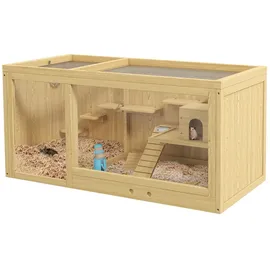 PawHut Hamsterkäfig aus Holz Kleintierkäfig Spielhaus für Gerbils mit Schaukeln Leitern